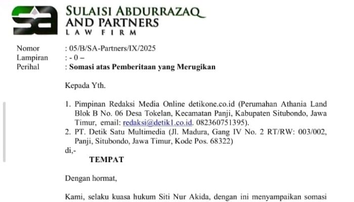 Kantor Hukum Sulaisi Abdurrazaq and Partners Somasi Detikone