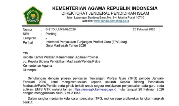 Surat Dirjen Pendidikan Islam Kemenag tentang informasi penyaluran Tunjangan Profesi Guru (TPG) bagi guru madrasah tahun 2026. [Tangkapan layar]
