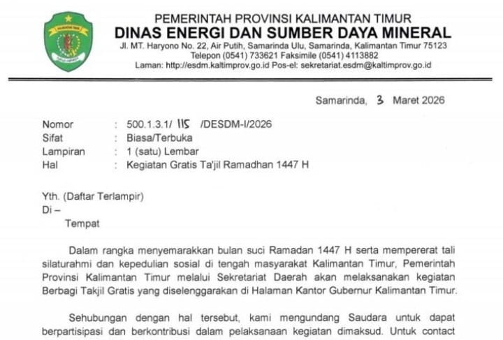 Surat berkop Pemprov Kaltim minta sumbangan ke perusahaan untuk kegiatan berbagi takjil gratis. [Screenshot]