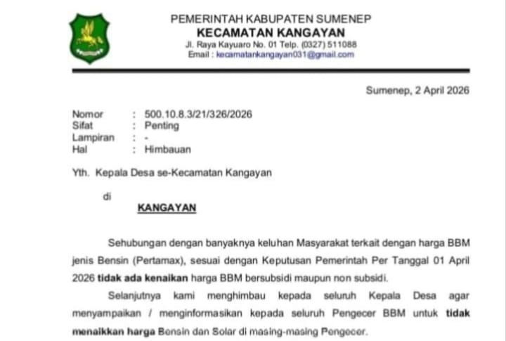 Surat Camat Kangayan yang berisi imbauan agar pengecer BBM tidak menaikkan harga.