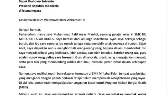 Prihatin Kesejahteraan Guru, Siswa di Kudus Tolak MBG Lewat Surat ke Prabowo