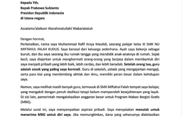 Potongan surat siswa SMK NU Miftahul Falah Kudus bernama Muhammad Rafif Arsya Maulidi yang ditujukan kepada Presiden Prabowo Subianto. [Tangkapan layar]