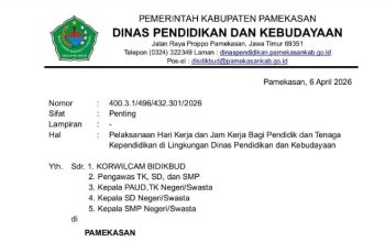 Surat Dinas Pendidikan dan Kebudayaan Pamekasan terkait pelaksanaan hari kerja dan jam kerja bagi pendidik dan tenaga pendidik di lingkungan Dispendik Pamekasan.