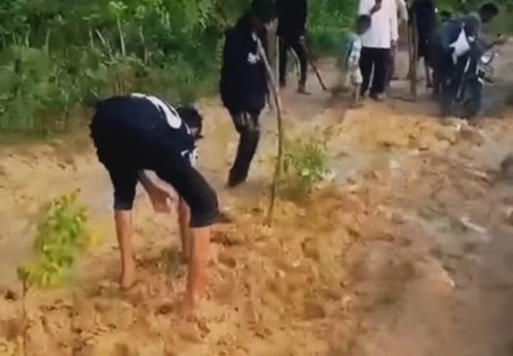 Warga Kepulauan Kangean tanam pohon di tengah jalanan yang rusak sebagai bentuk protes terhadap pemerintah. [Tangkapan layar]