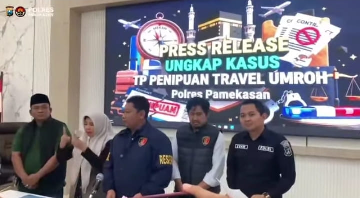 Polres Pamekasan gelar konpers pengungkapan kasus dugaan penipuan travel umrah.