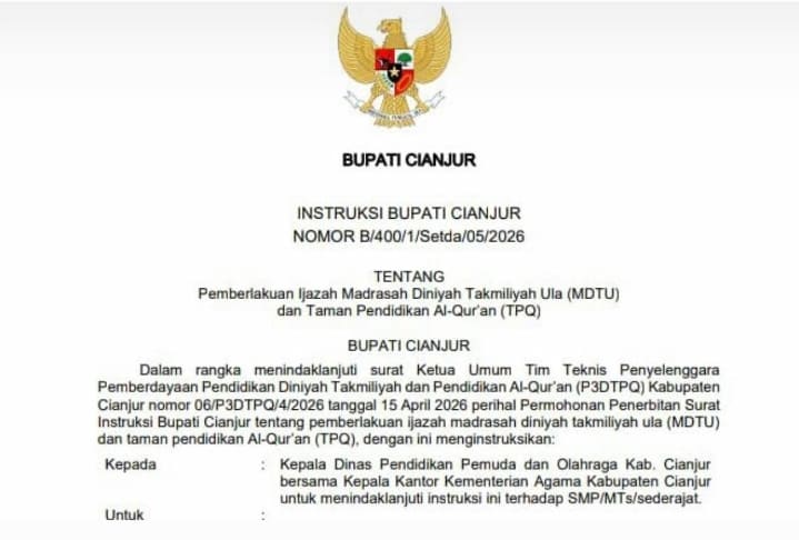 Surat Instruksi Bupati Cianjur soal pemberlakuan ijazah MDTU dan TPQ sebagai syarat bagi peserta didik masuk SMP/MTS/sederajat. [Tangkapan layar]