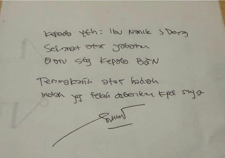 Surat bernada satire dari Eks Waka BGN Sony Sanjaya usai menjadi tersangka korupsi MBG. Surat tersebut ditujukan kepada Kepala BGN yang baru Nanik S Deyang. [Foto: tangkapan layar dari akun Instagram pribadi Sony Sonjaya]