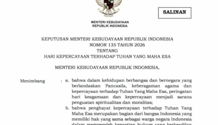Pemerintah Tetapkan 13 Juli Sebagai Hari Kepercayaan Terhadap Tuhan Yang Maha Esa