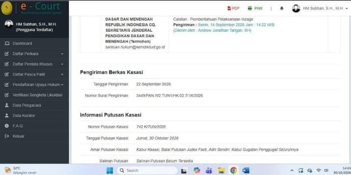 Foto tangkapan layar bukti putusan MA soal gugatan suket penyetaraan ijazah Gibran yang diunggah Denny Indrayana di X.